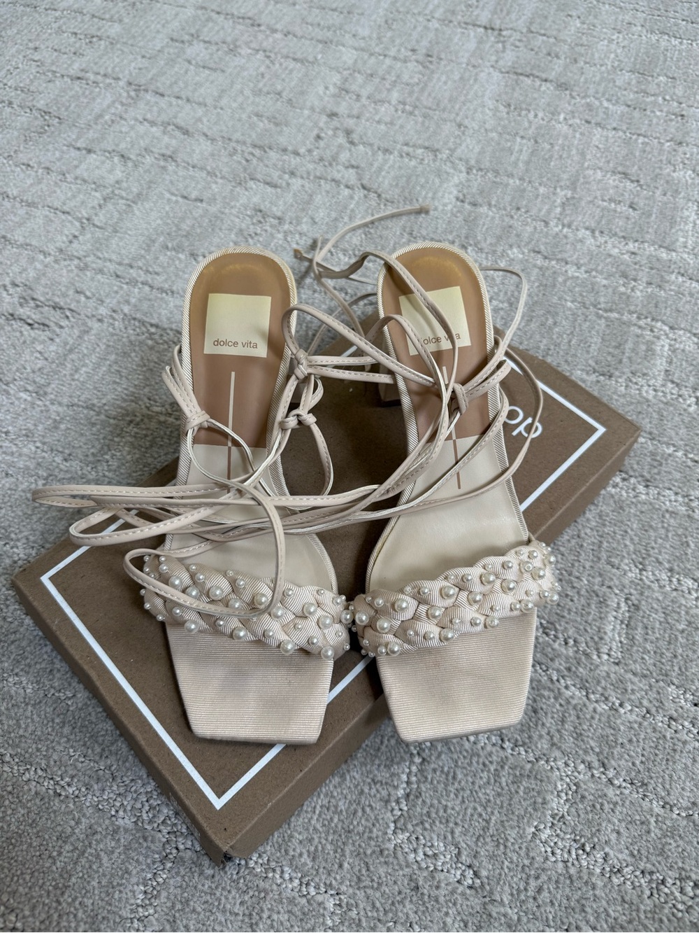 Dolce Vita Nude Pearl-Trim Braided Lace-Up Sandals